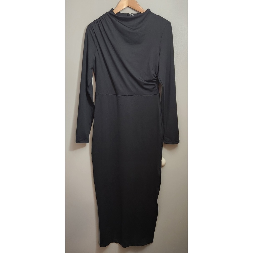 MIROL Women's MEDIUM long sleeve black Maxi dress Mock Neck Slit Business Casual